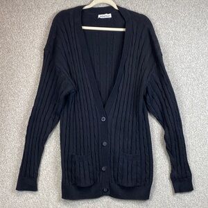 Vtg British Vogue cable knit cardigan L black fisherman academia preppy grunge